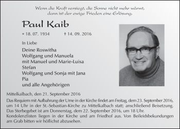 Traueranzeige von Paul Kaib 