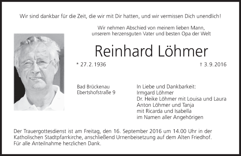  Traueranzeige für Reinhard Löhmer vom 14.09.2016 aus 