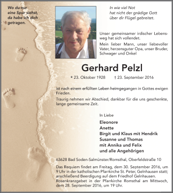 Traueranzeige von Gerhard Pelzl 
