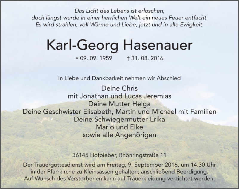 Traueranzeige für Karl-Georg Hasenauer vom 03.09.2016 aus 