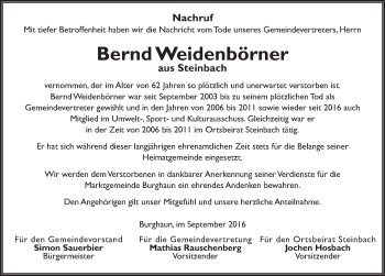 Traueranzeige von Bernd Weidenbörner 