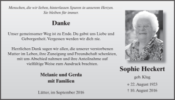Traueranzeige von Sophie Heckert 