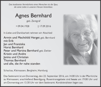 Traueranzeige von Agnes Bernhard 
