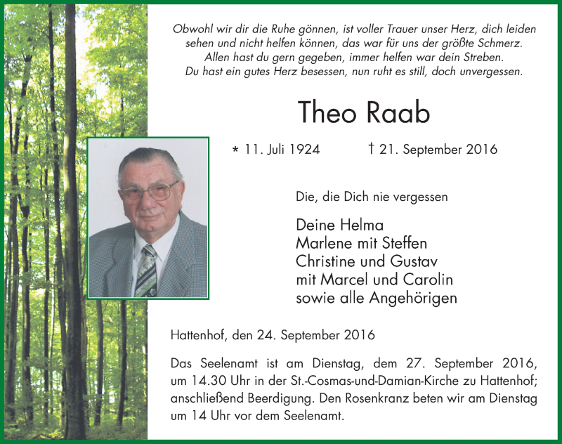  Traueranzeige für Theo Raab vom 24.09.2016 aus 