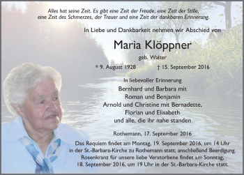 Traueranzeige von Maria Klöppner 