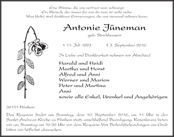 Traueranzeige von Antonie Jüneman 