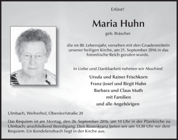 Traueranzeige von Maria Huhn 