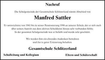 Traueranzeige von Manfred Sattler 