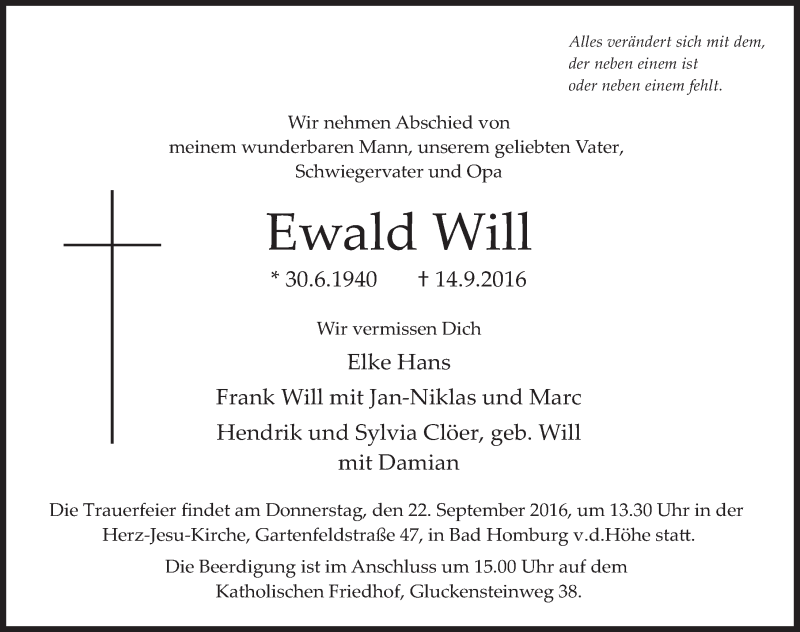  Traueranzeige für Ewald Will vom 17.09.2016 aus 