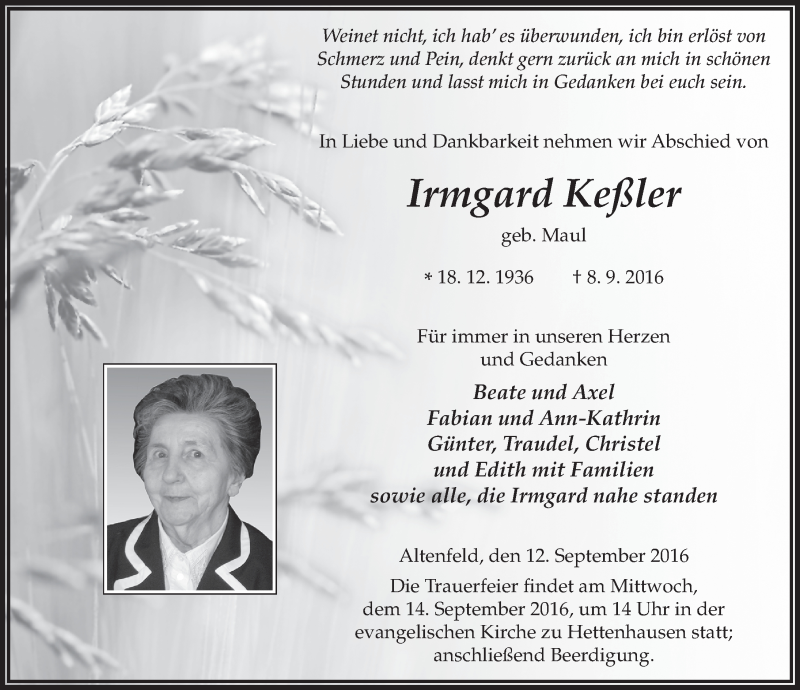  Traueranzeige für Irmgard Keßler vom 12.09.2016 aus 