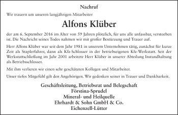 Traueranzeige von Alfons Klüber 