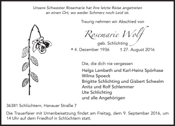 Traueranzeige von Rosemarie Wolf 