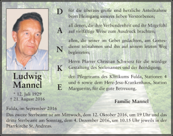 Traueranzeige von Ludwig Mannel 