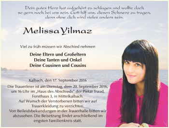 Traueranzeige von Melissa Yilmaz 