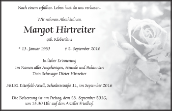 Traueranzeige von Margot Hirtreiter 
