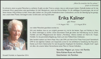 Traueranzeige von Erika Kaliner 