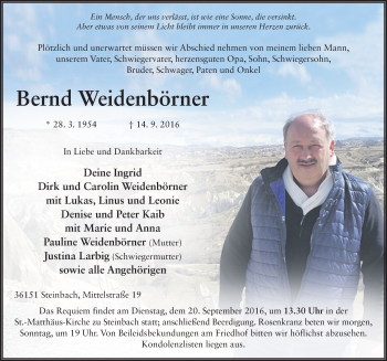 Traueranzeige von Bernd Weidenbörner 