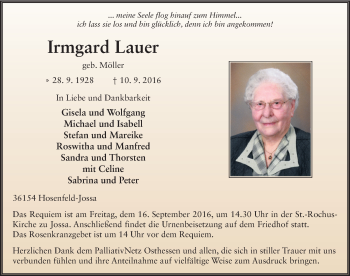 Traueranzeige von Irmgard Lauer 