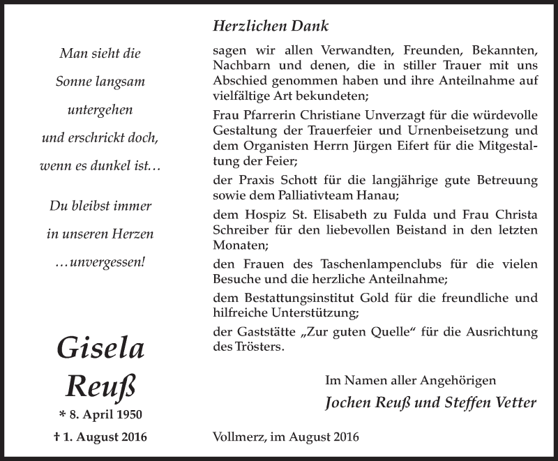  Traueranzeige für Gisela Reuß vom 03.09.2016 aus 