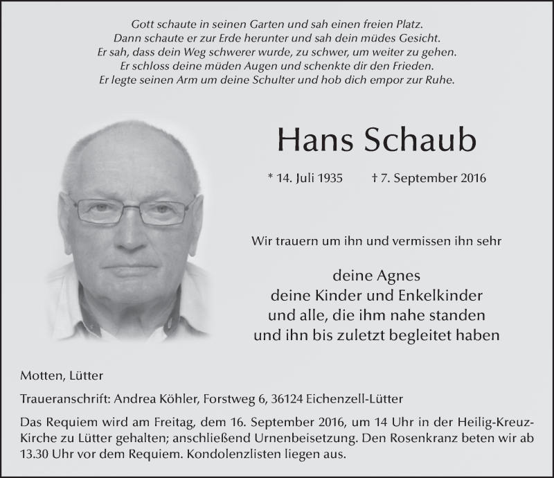  Traueranzeige für Hans Schaub vom 14.09.2016 aus 