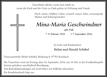 Traueranzeige von Mina-Maria Geschwindner 