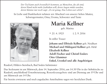 Traueranzeige von Maria Kellner 