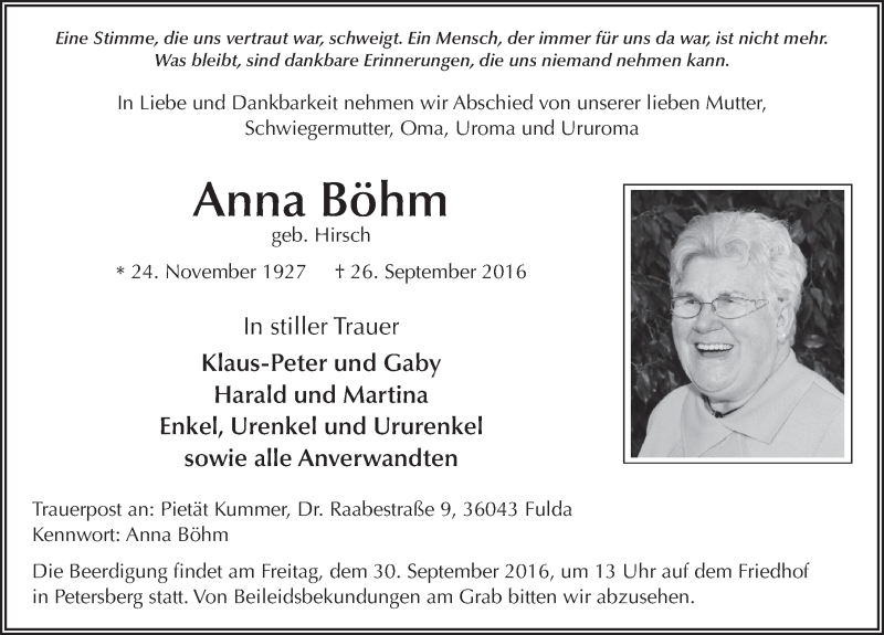  Traueranzeige für Anna Böhm vom 28.09.2016 aus 