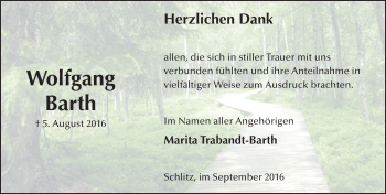 Traueranzeige von Wolfgang Barth 
