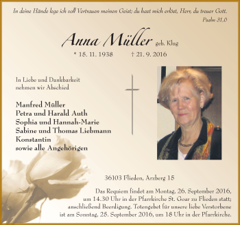 Traueranzeige von Anna Müller 