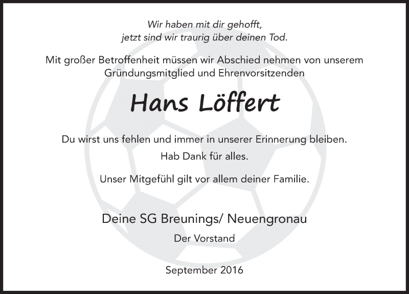  Traueranzeige für Hans Löffert vom 02.09.2016 aus 