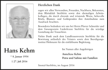 Traueranzeige von Hans Kehm von Fuldazeitung