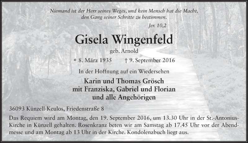  Traueranzeige für Gisela Wingenfeld vom 16.09.2016 aus 