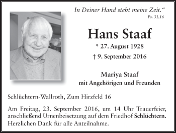 Traueranzeige von Hans Staaf 