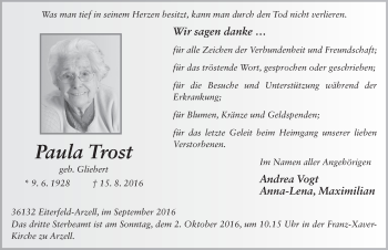 Traueranzeige von Paula Trost 