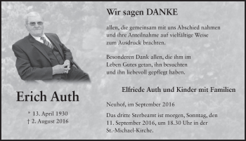Traueranzeige von Erich Auth 