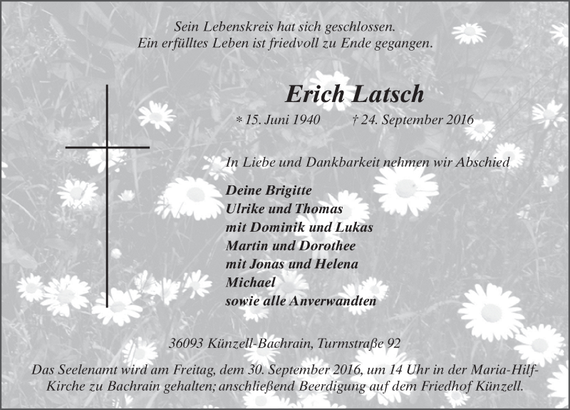  Traueranzeige für Erich Latsch vom 27.09.2016 aus 