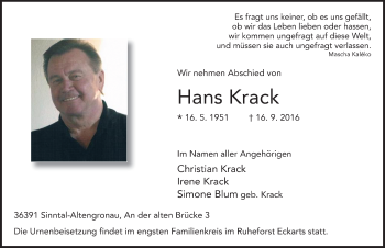 Traueranzeige von Hans Krack 