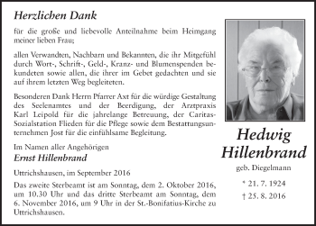 Traueranzeige von Hedwig Hillenbrand 