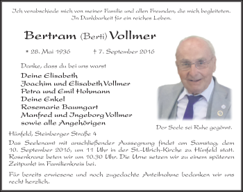 Traueranzeige von Bertram Vollmer 