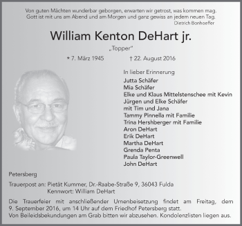 Traueranzeige von William Kenton DeHart 