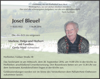 Traueranzeige von Josef Bleuel 