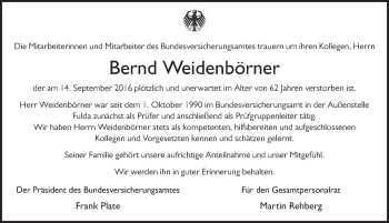 Traueranzeige von Bernd Weidenbörner 