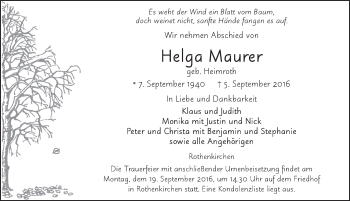 Traueranzeige von Helga Maurer 