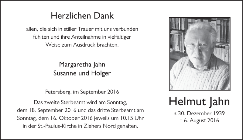  Traueranzeige für Helmut Jahn vom 14.09.2016 aus 