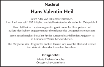 Traueranzeige von Hans Valentin Heil 