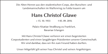 Traueranzeige von Hans Christof Glawe 
