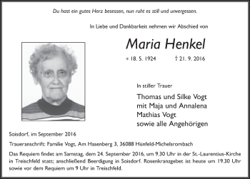 Traueranzeige von Maria Henkel 