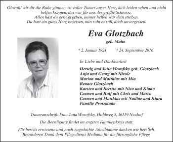 Traueranzeige von Eva Glotzbach 