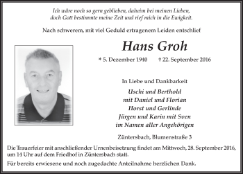 Traueranzeige von Hans Groh 