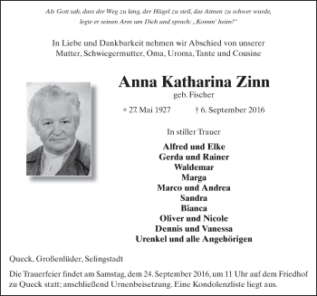 Traueranzeige von Anna Katharina Zinn 
